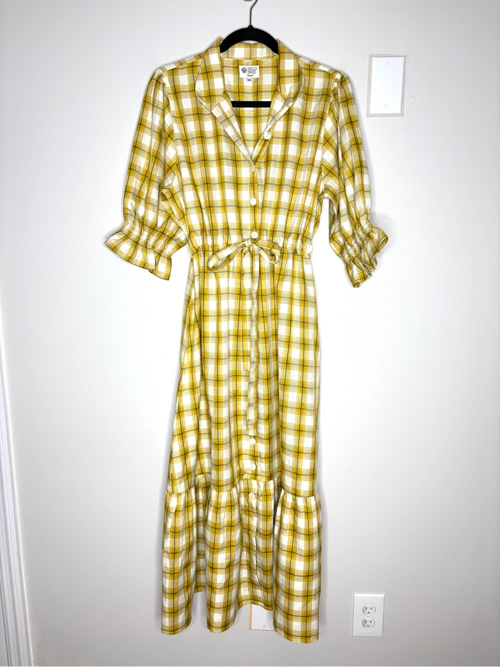 Holly Shae Catherine Dress Yellow Plaid Maxi Button Down Cotton Size S/M